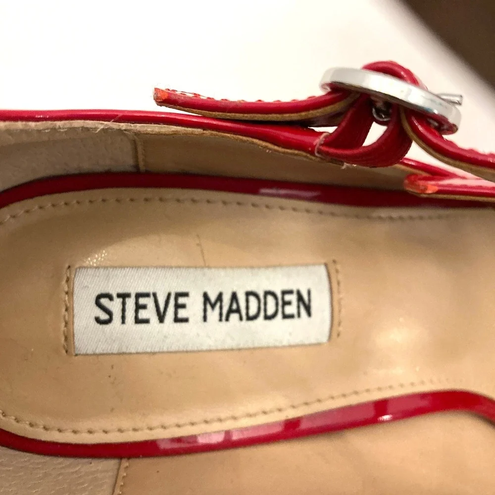 Steve Madden Quad Heels Red Patent Faux Leather Platform Womens 10 Straps Chunky